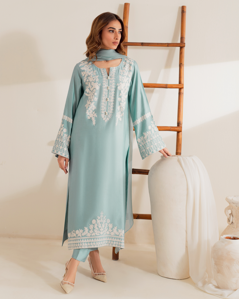 Women's Sky Blue Embroidered Cotton Suit Set with Dupatta | Ethnic Kurta Set for Festive & Daily Wear