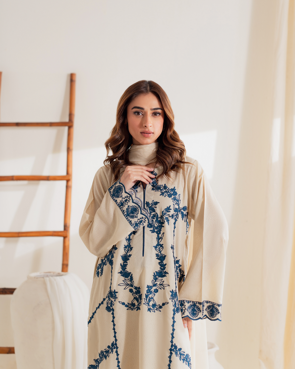 Cream & Blue Embroidered 3-Piece Suit Set – Timeless Grace