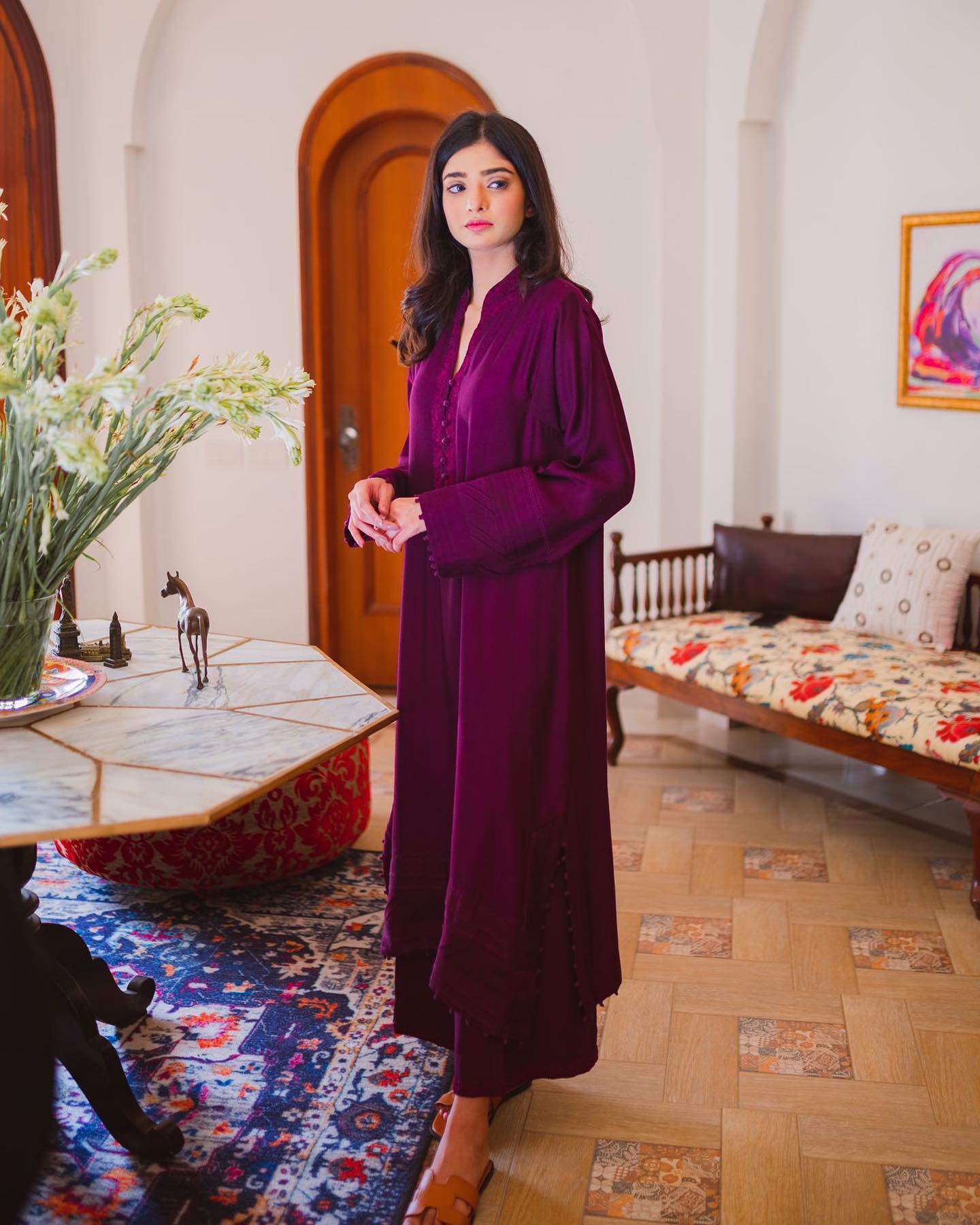 Maroon Flared Midi Dress with Ruffle Sleeves