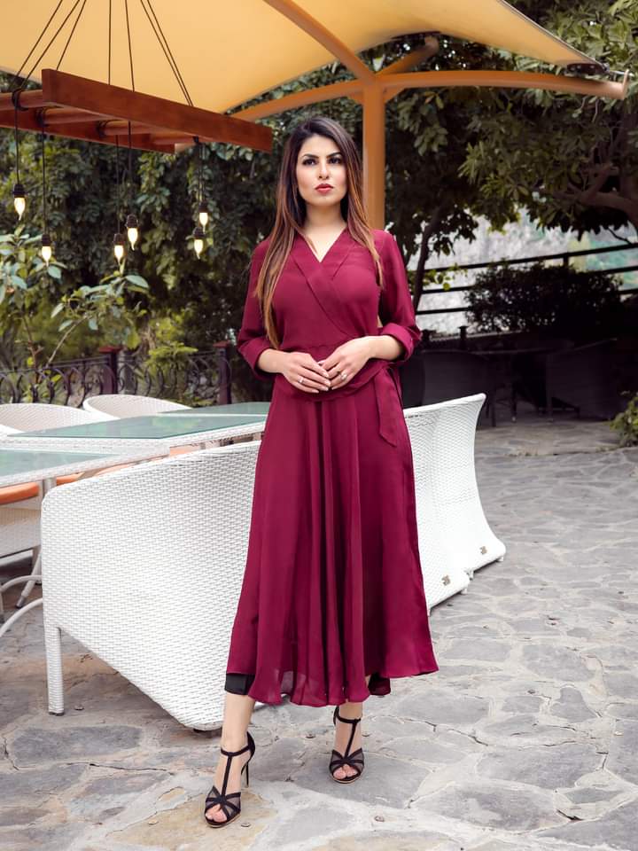Maroon Flared Midi Dress with Ruffle Sleeves