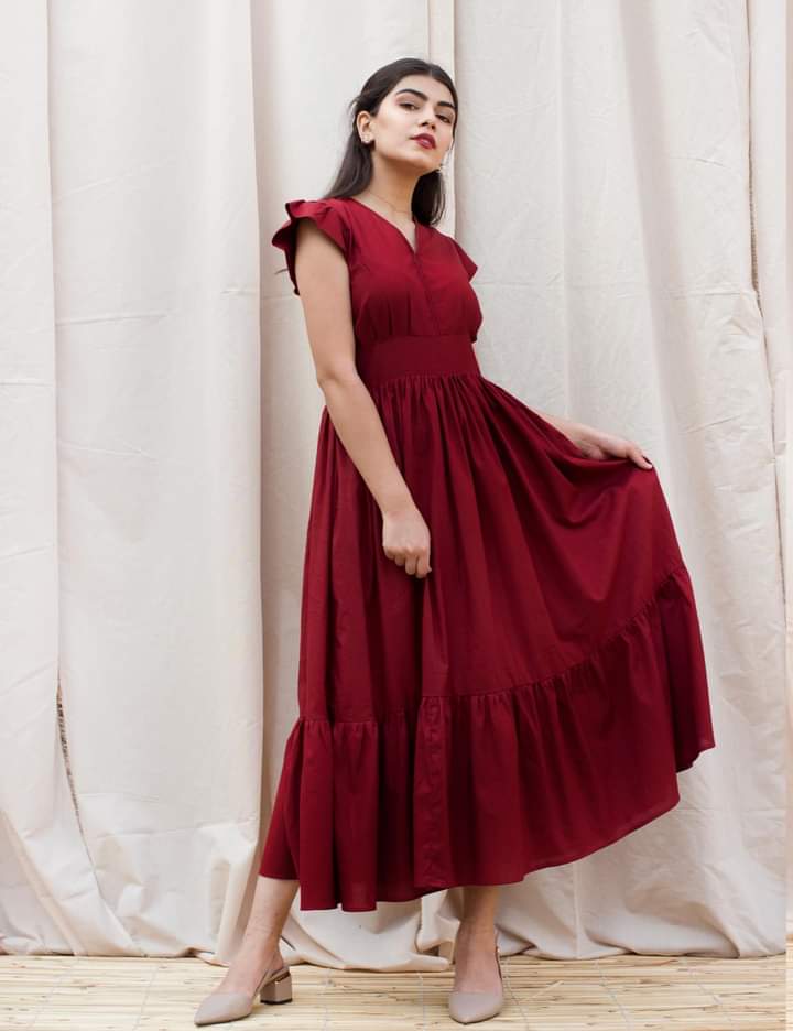 Maroon Flared Midi Dress with Ruffle Sleeves