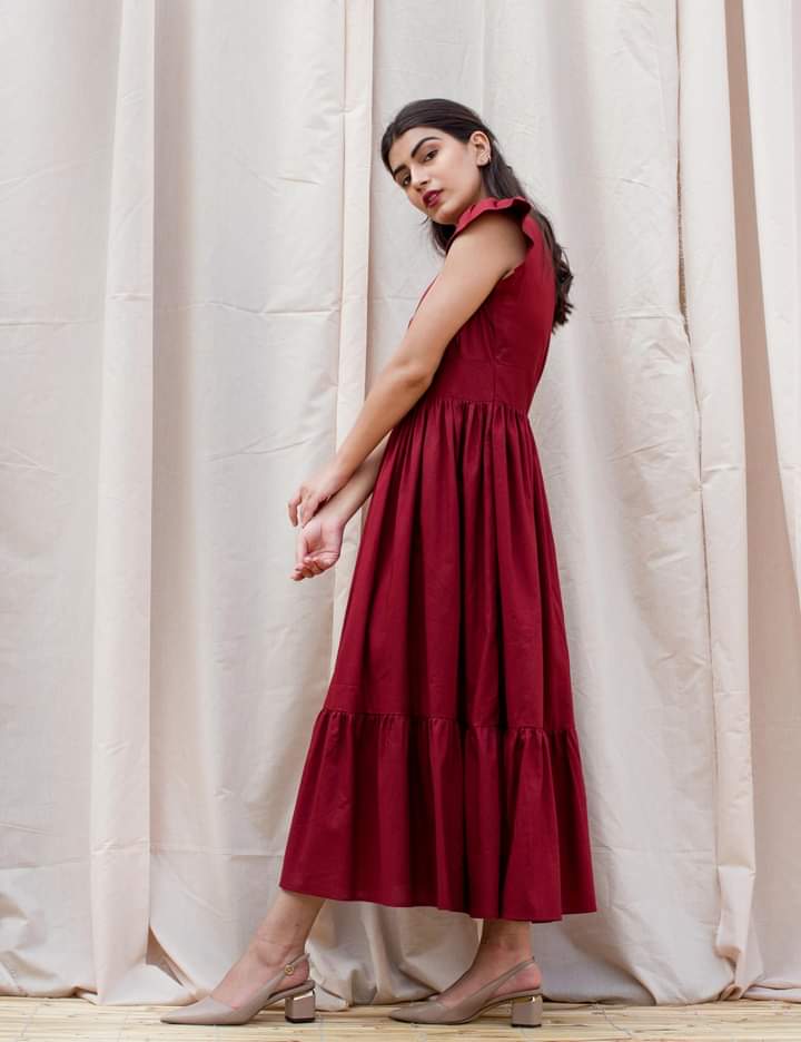 Maroon Flared Midi Dress with Ruffle Sleeves