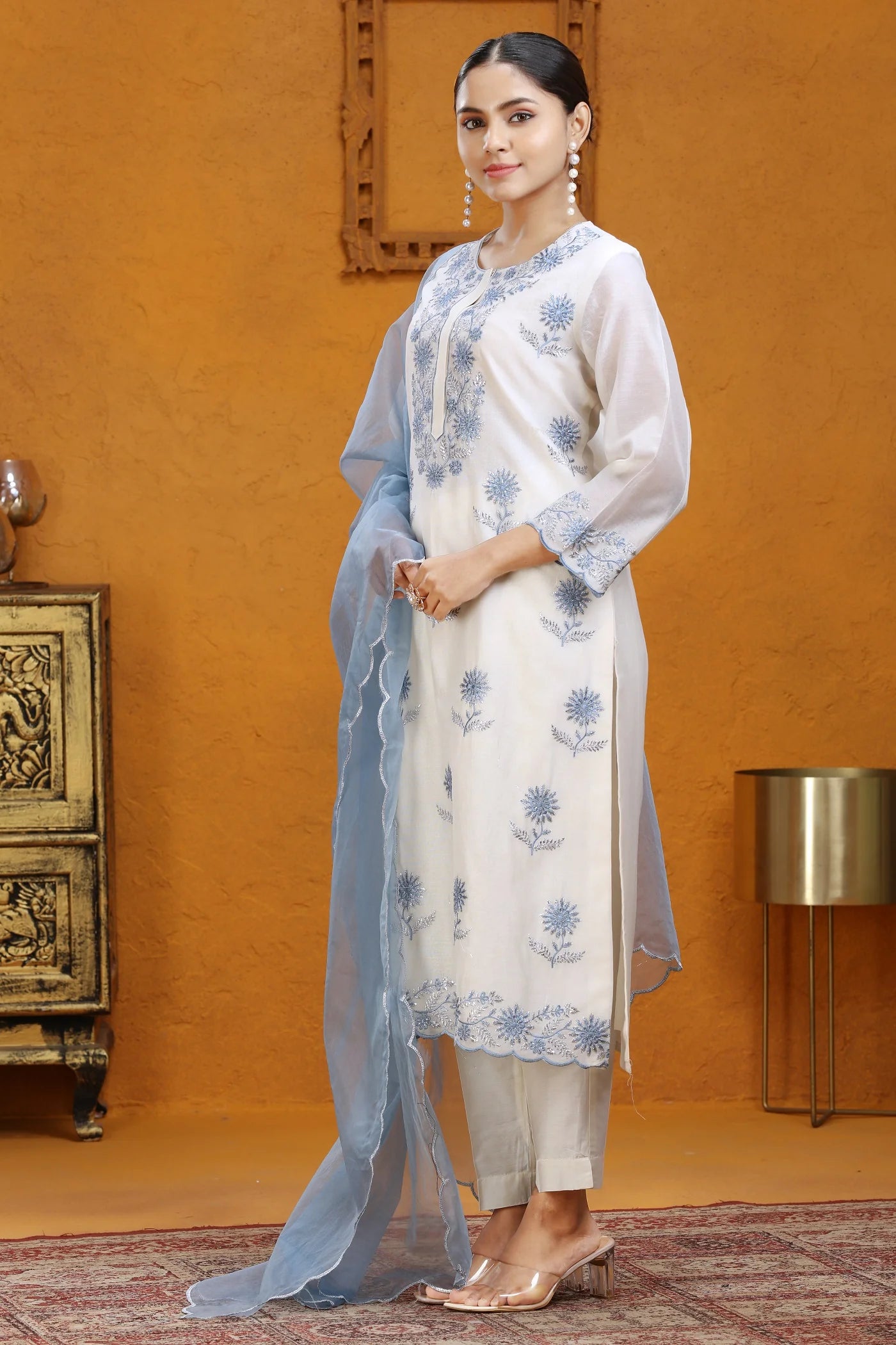 🌸 Summer Serenity Off-White Suit with Powder Blue Embroidery 🌸