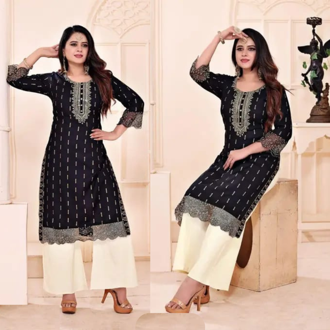 Women's Black Embroidered Kurti with Lace | Festive & Office Wear.
