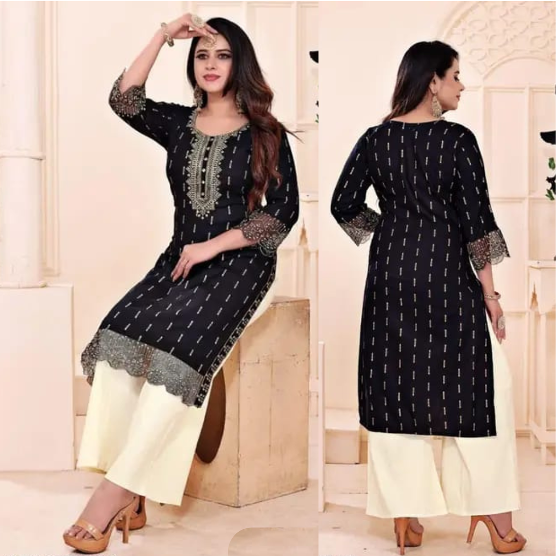 Women's Black Embroidered Kurti with Lace | Festive & Office Wear.