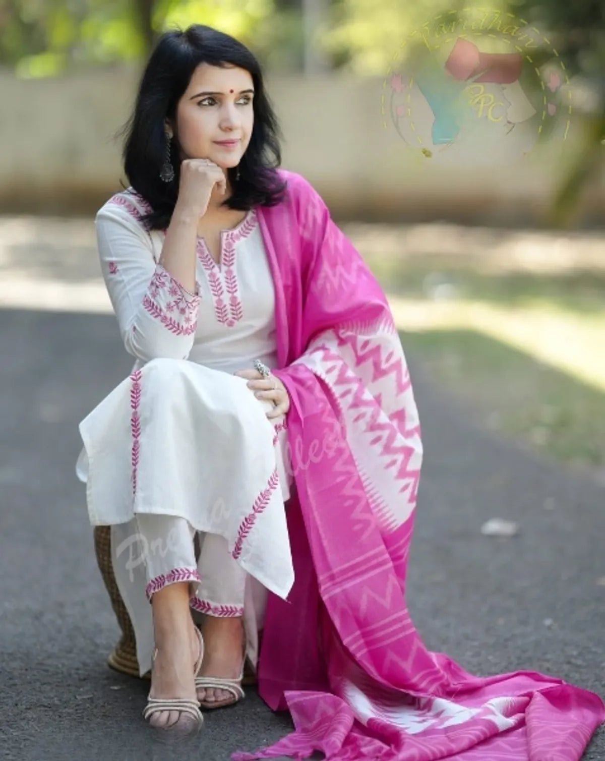 Handloom Embroidery Suit with Ikat Khadi Silk Dupatta