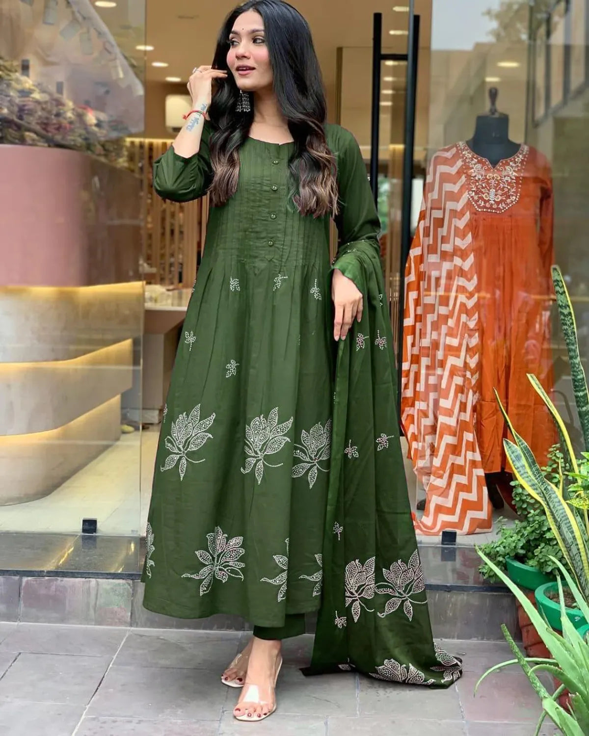 Mehndi Green 3-Piece Embroidered Suit Set β Ethnic Elegance