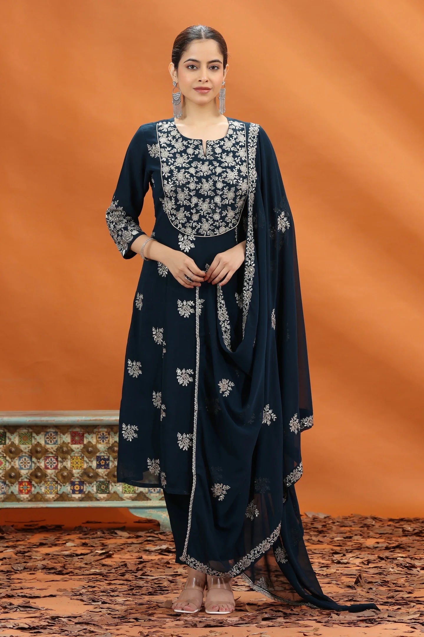 Women's Navy Blue Georgette A-Line Kurta Set with Embroidered Dupatta – 3 Piece Ethnic Set
