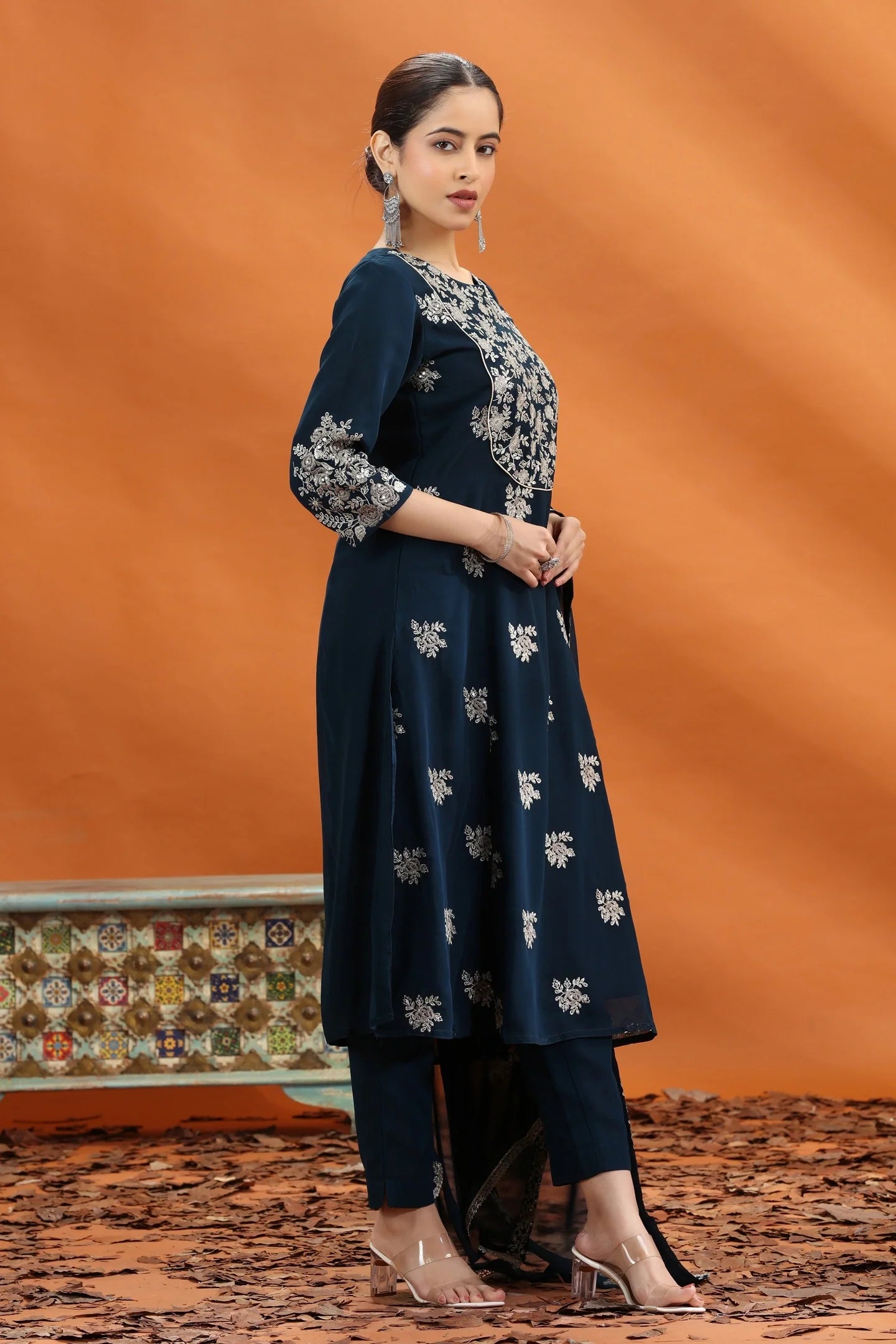 Women's Navy Blue Georgette A-Line Kurta Set with Embroidered Dupatta – 3 Piece Ethnic Set