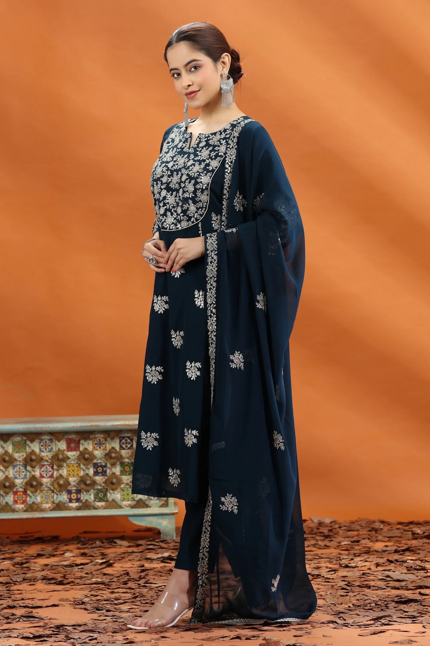 Women's Navy Blue Georgette A-Line Kurta Set with Embroidered Dupatta – 3 Piece Ethnic Set
