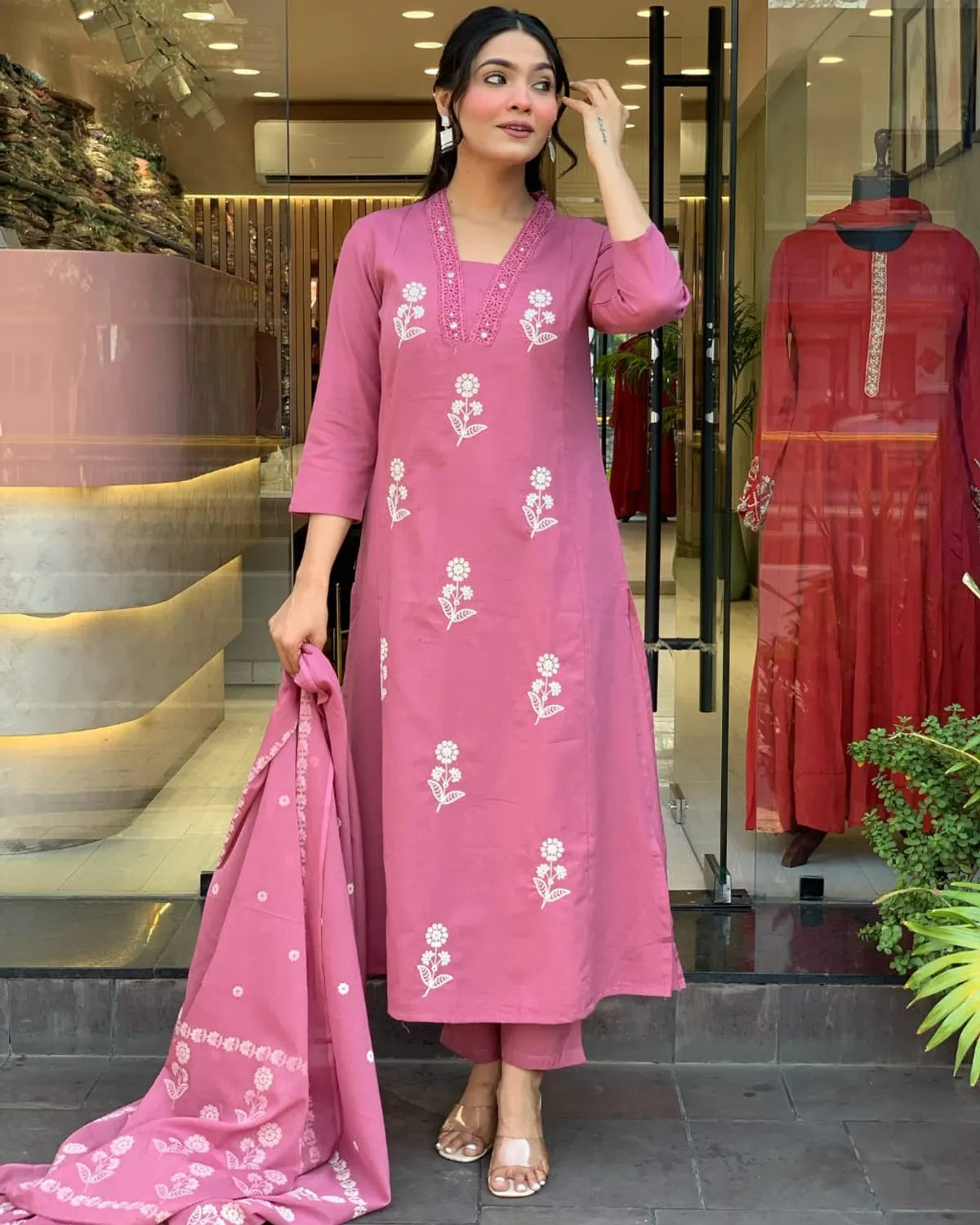 💖 Punch Pink Cotton Embroidered Suit Set – Summer Comfort with Subtle Charm