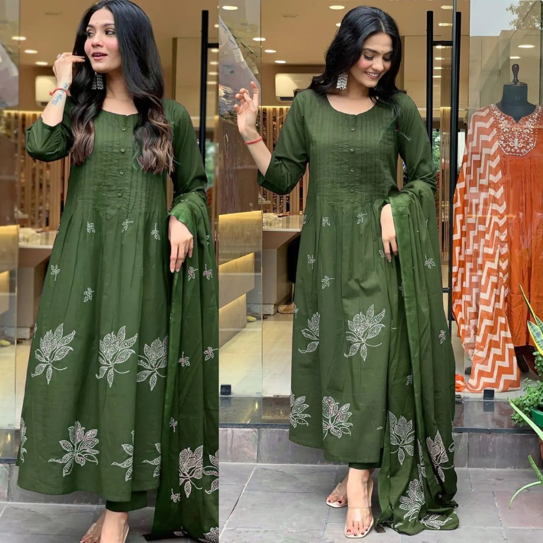 Mehndi Green 3-Piece Embroidered Suit Set – Ethnic Elegance