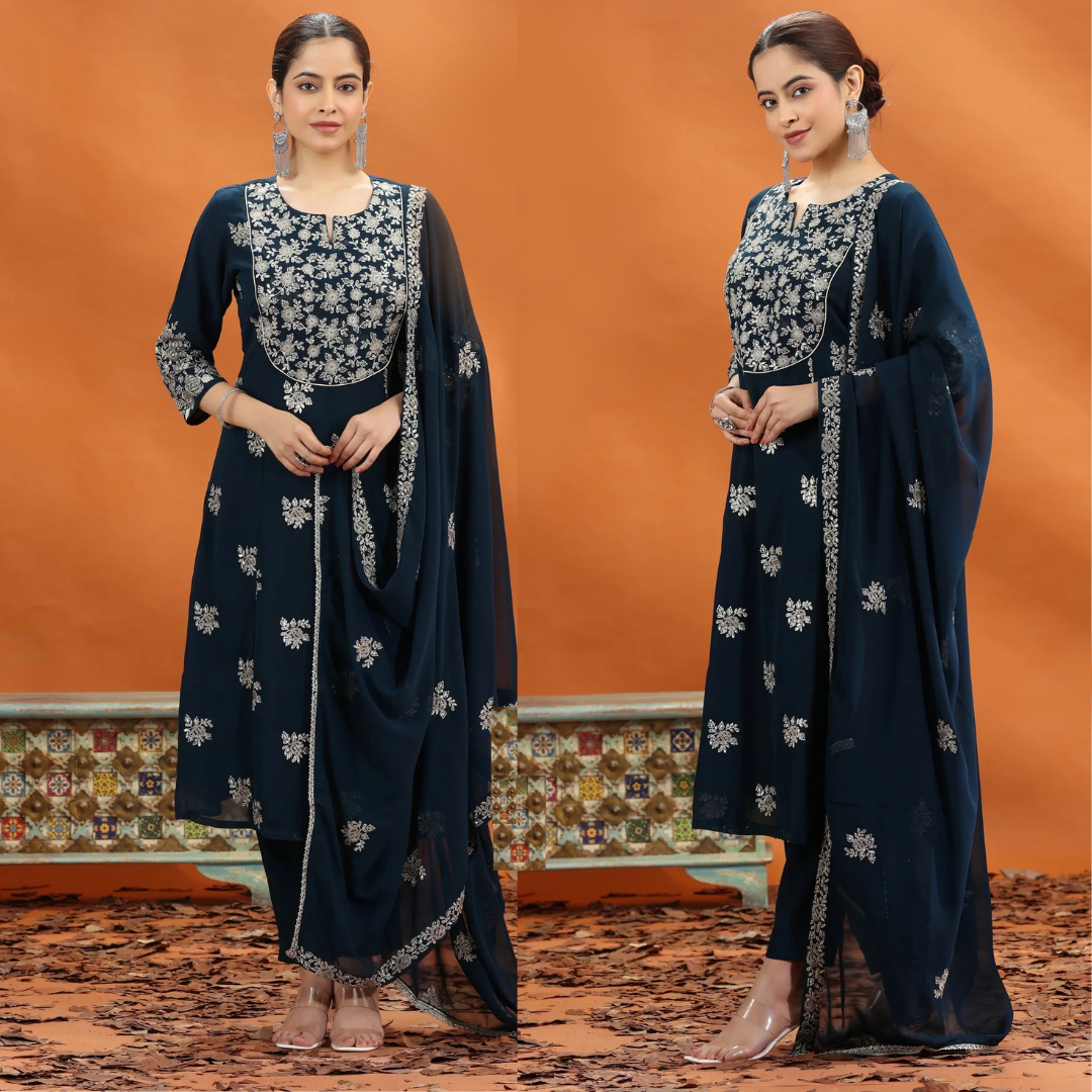 Women's Navy Blue Georgette A-Line Kurta Set with Embroidered Dupatta – 3 Piece Ethnic Set