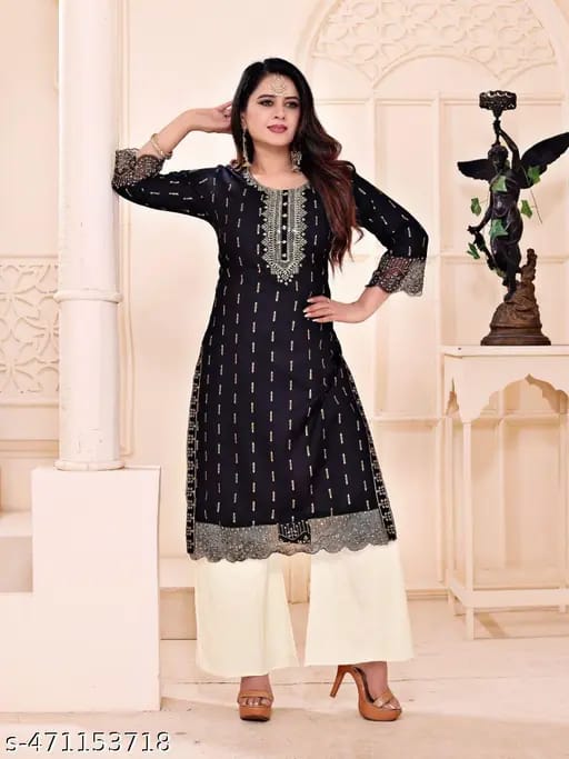 Women's Black Embroidered Kurti with Lace | Festive & Office Wear.