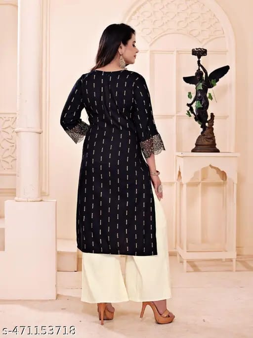 Women's Black Embroidered Kurti with Lace | Festive & Office Wear.