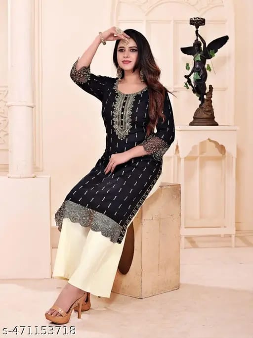 Women's Black Embroidered Kurti with Lace | Festive & Office Wear.