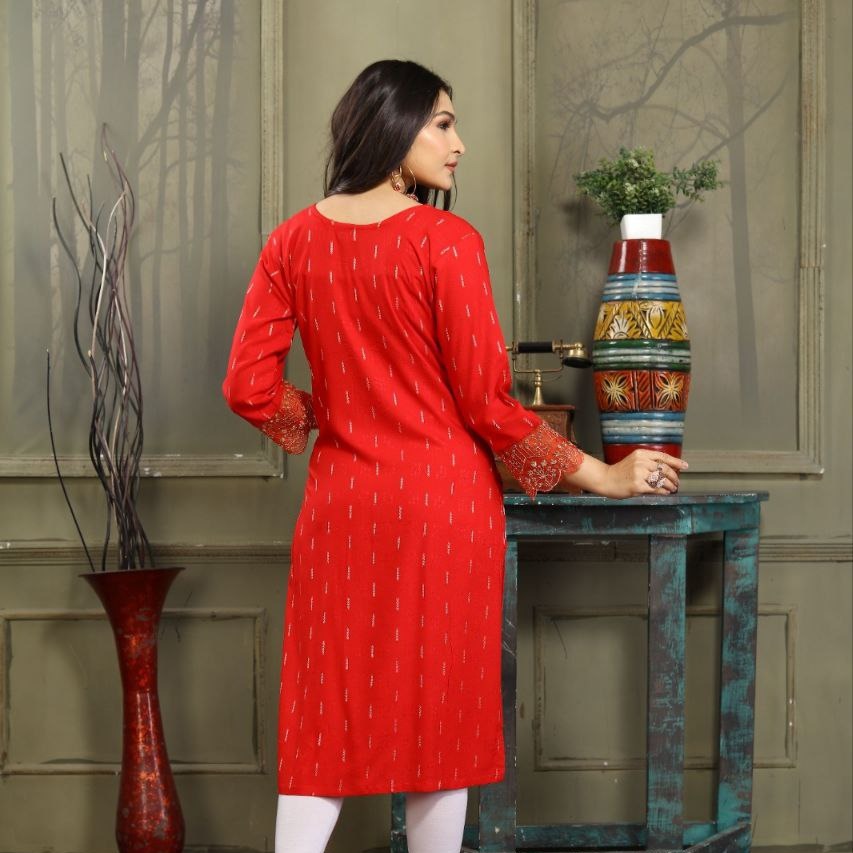 Women's Red Embroidered Kurti | Festive & Office Wear