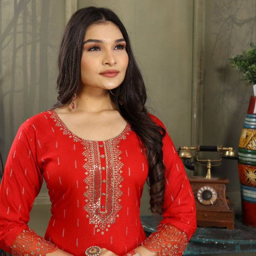 Women's Red Embroidered Kurti | Festive & Office Wear