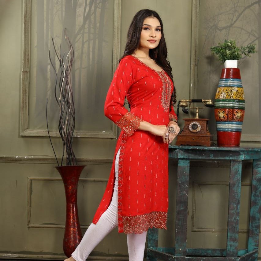 Women's Red Embroidered Kurti | Festive & Office Wear