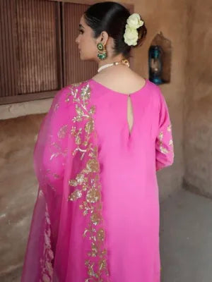 Royal Rose Pink Georgette Suit with Gota Embroidery – Festive Glam Redefined