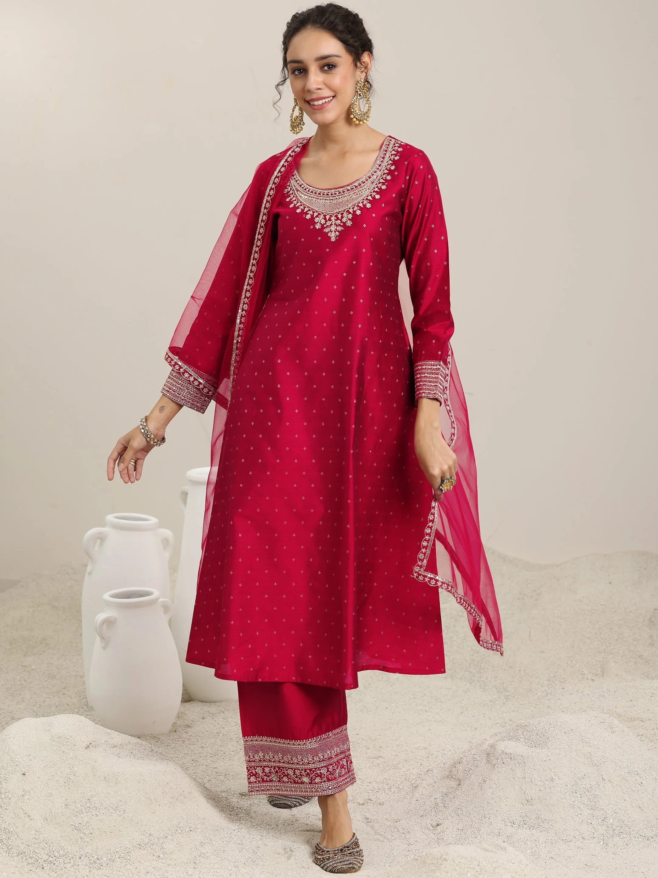 Women’s 3-Piece Red Silk Blend Suit Set | Floral Embroidered Kurta with Straight Pants & Matching Dupatta | Party & Festive Wear