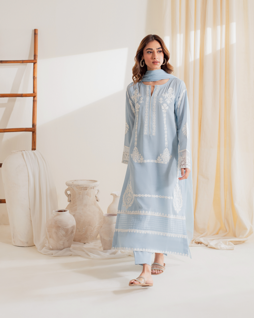 Women's Sky Blue Embroidered Cotton Suit Set with Dupatta | Ethnic Kurta Set for Festive & Daily Wear