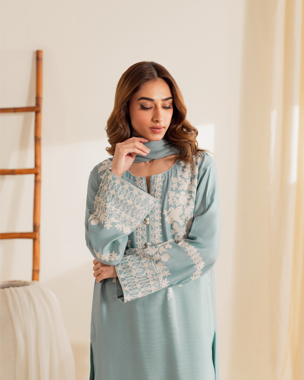 Women's Sky Blue Embroidered Cotton Suit Set with Dupatta | Ethnic Kurta Set for Festive & Daily Wear