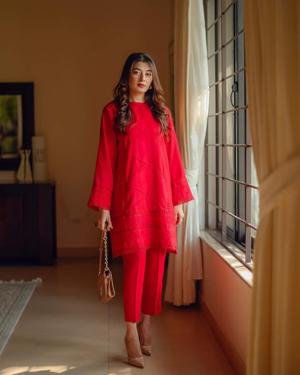 Radiant Red Solid Kurta Set with Minimal Detailing
