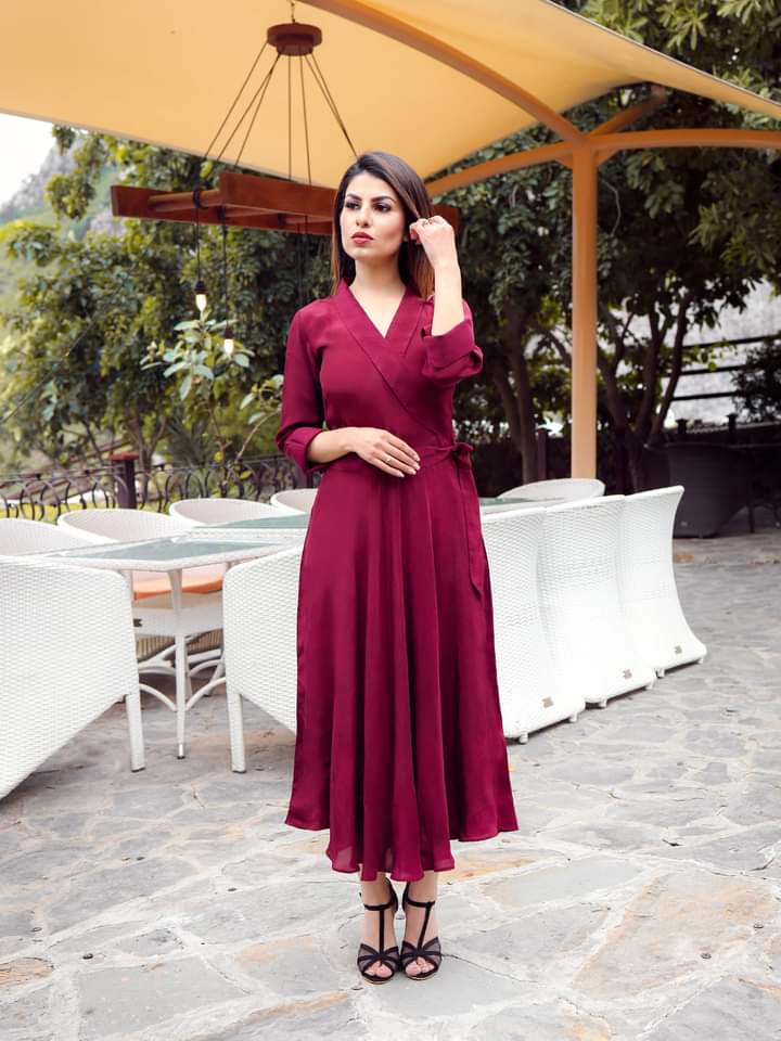 Maroon Flared Midi Dress with Ruffle Sleeves