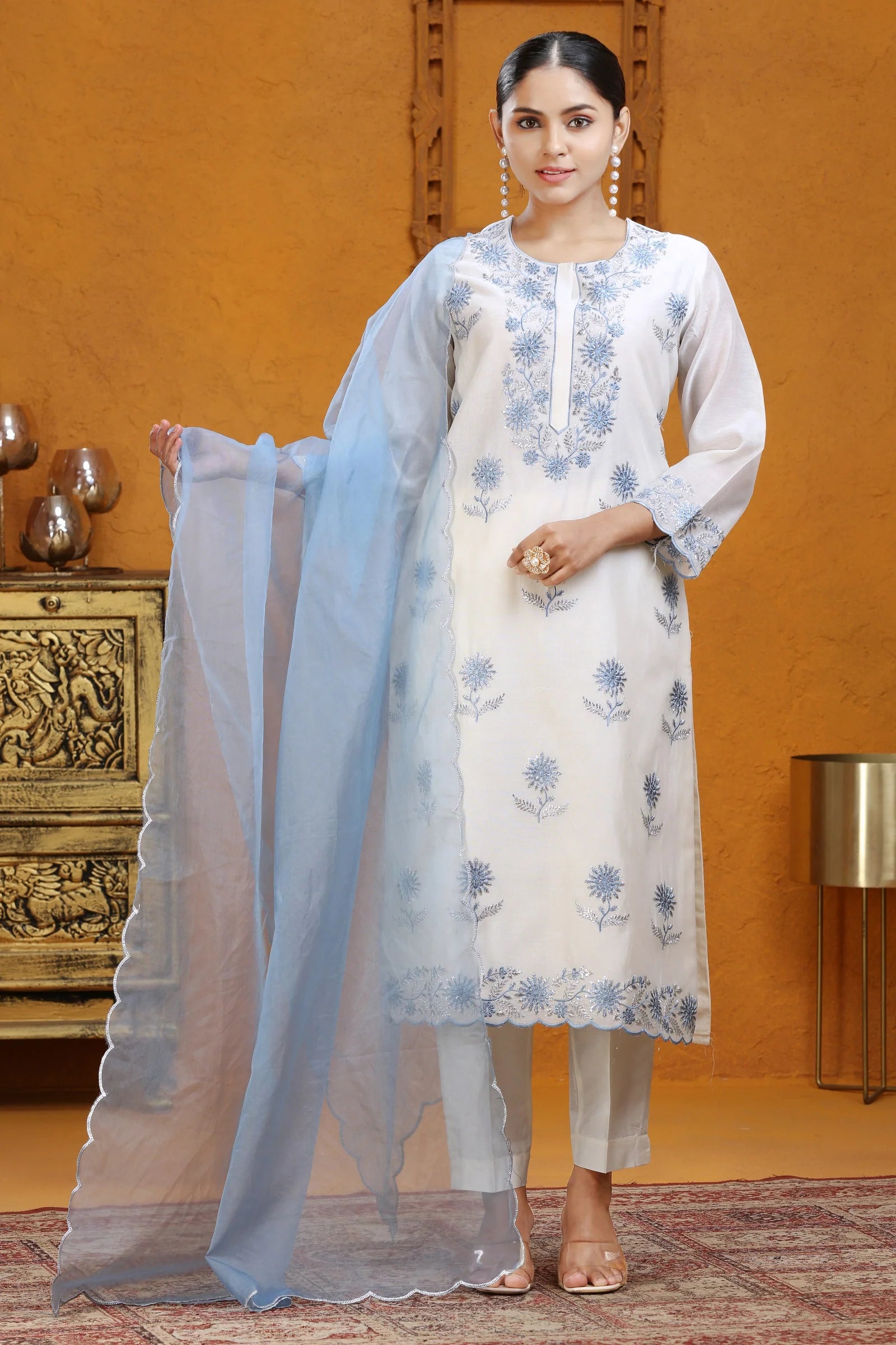 🌸 Summer Serenity Off-White Suit with Powder Blue Embroidery 🌸