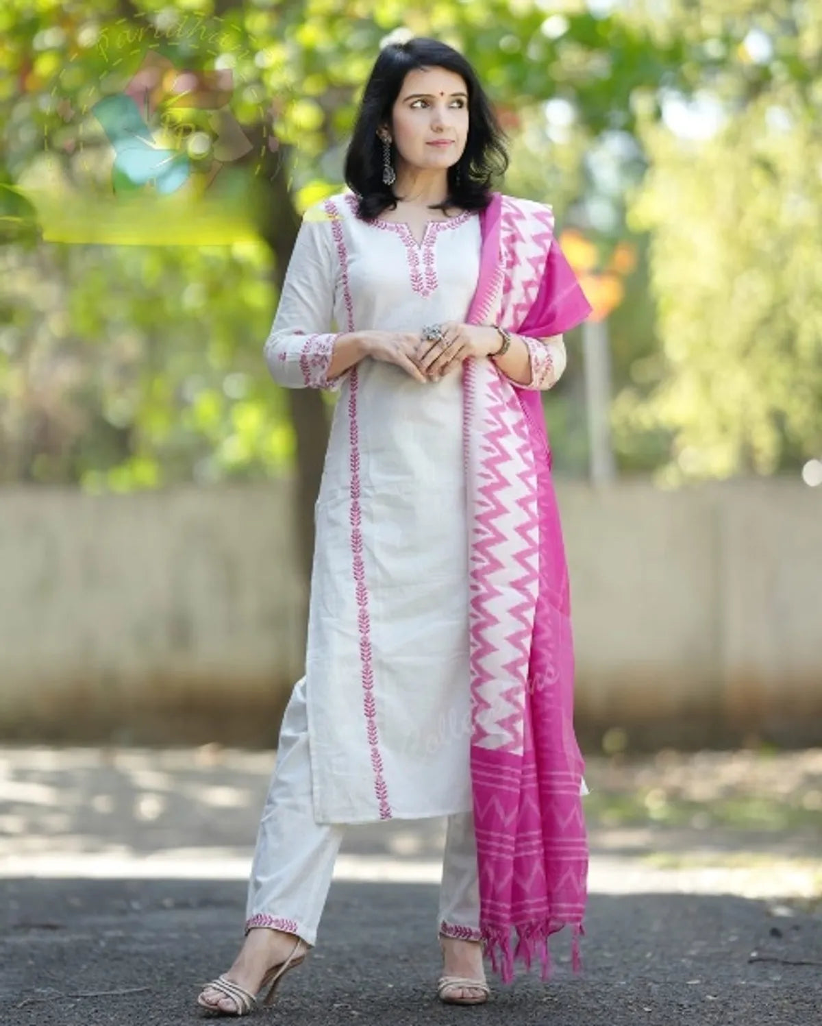 Handloom Embroidery Suit with Ikat Khadi Silk Dupatta