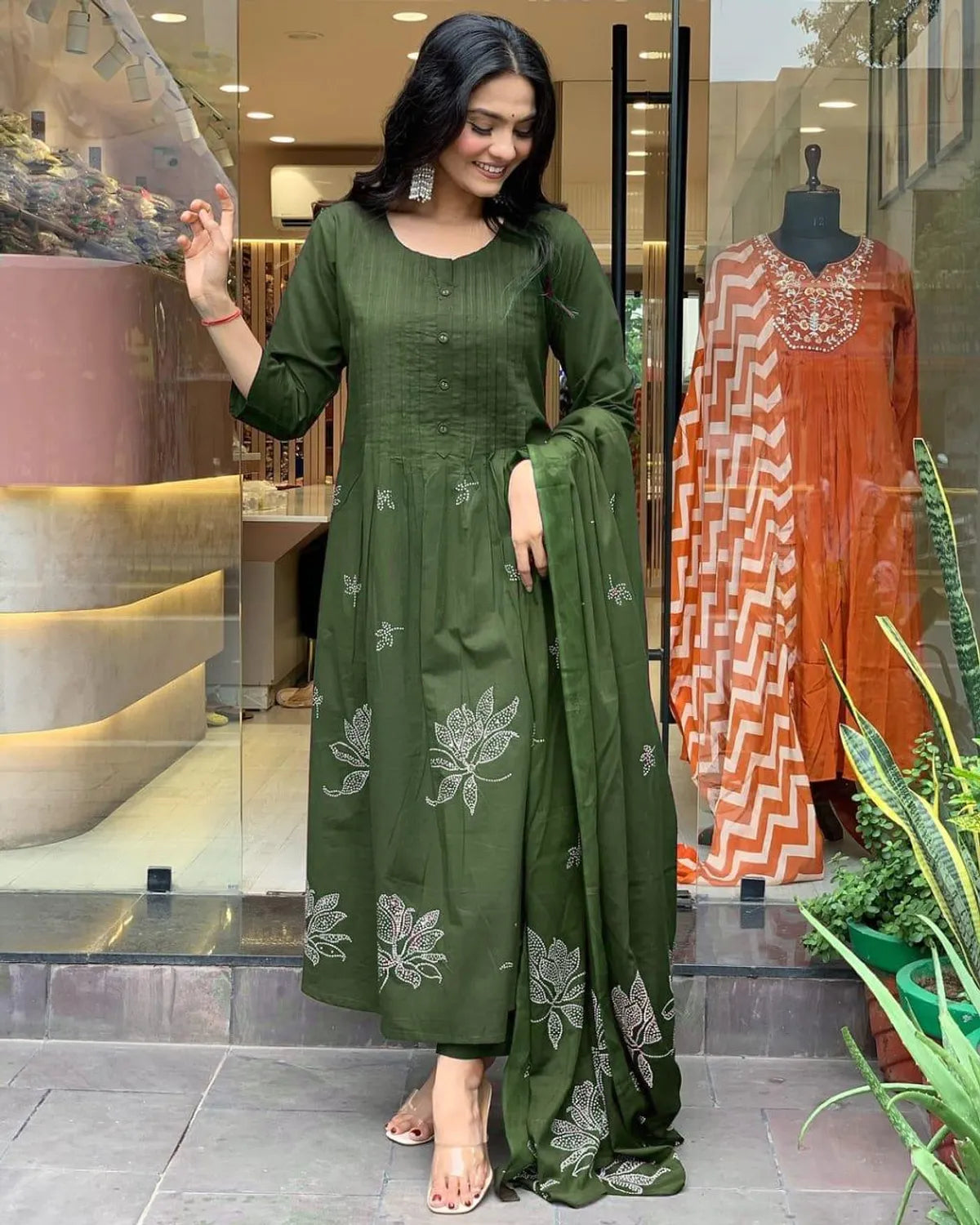 Mehndi Green 3-Piece Embroidered Suit Set – Ethnic Elegance