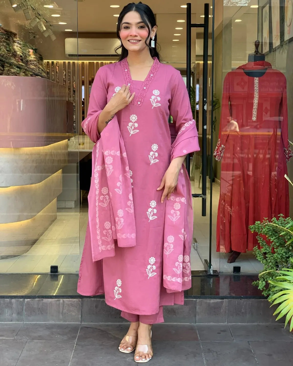 💖 Punch Pink Cotton Embroidered Suit Set – Summer Comfort with Subtle Charm