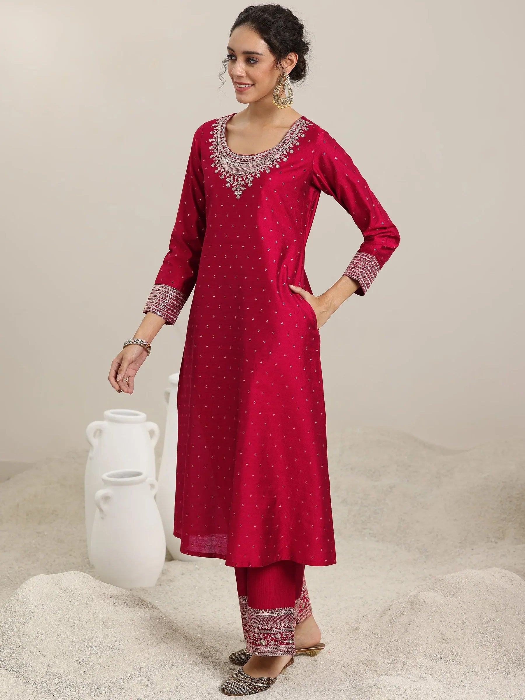 Women’s 3-Piece Red Silk Blend Suit Set | Floral Embroidered Kurta with Straight Pants & Matching Dupatta | Party & Festive Wear