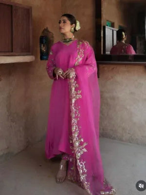 Royal Rose Pink Georgette Suit with Gota Embroidery – Festive Glam Redefined